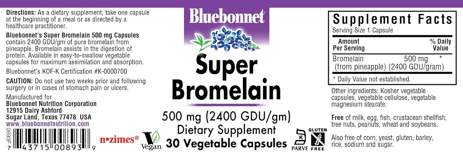 BlueBonnet Super Bromelain Vegetarian Capsules, 500 mg, 30 Count: Health & Personal Care