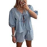 Yuemengxuan Women Y2k Peplum Shirt Shorts Set Two Piece Lounge Set Pajamas Sets Puff Sleeve Tie Front Top 2pcs Pj Outfits