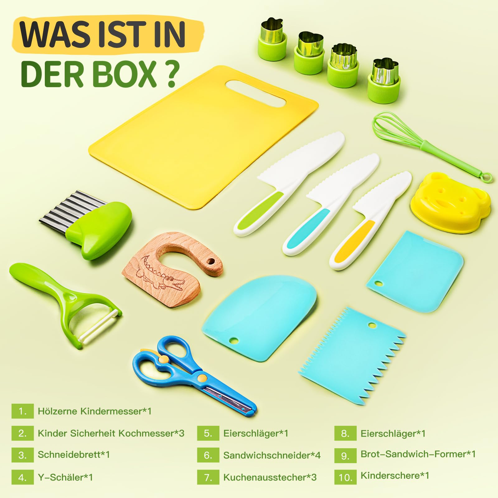 Kindermesser - 17 teiliges Kindersicheres Küchenmesser für Echtes Kochen mit Holzmesser, Schneidebrett | BPA-frei, Kinderfreundlich Lernmesser, Montessori Messer, Kinder Schneidemesser ab 2 jahre 2
