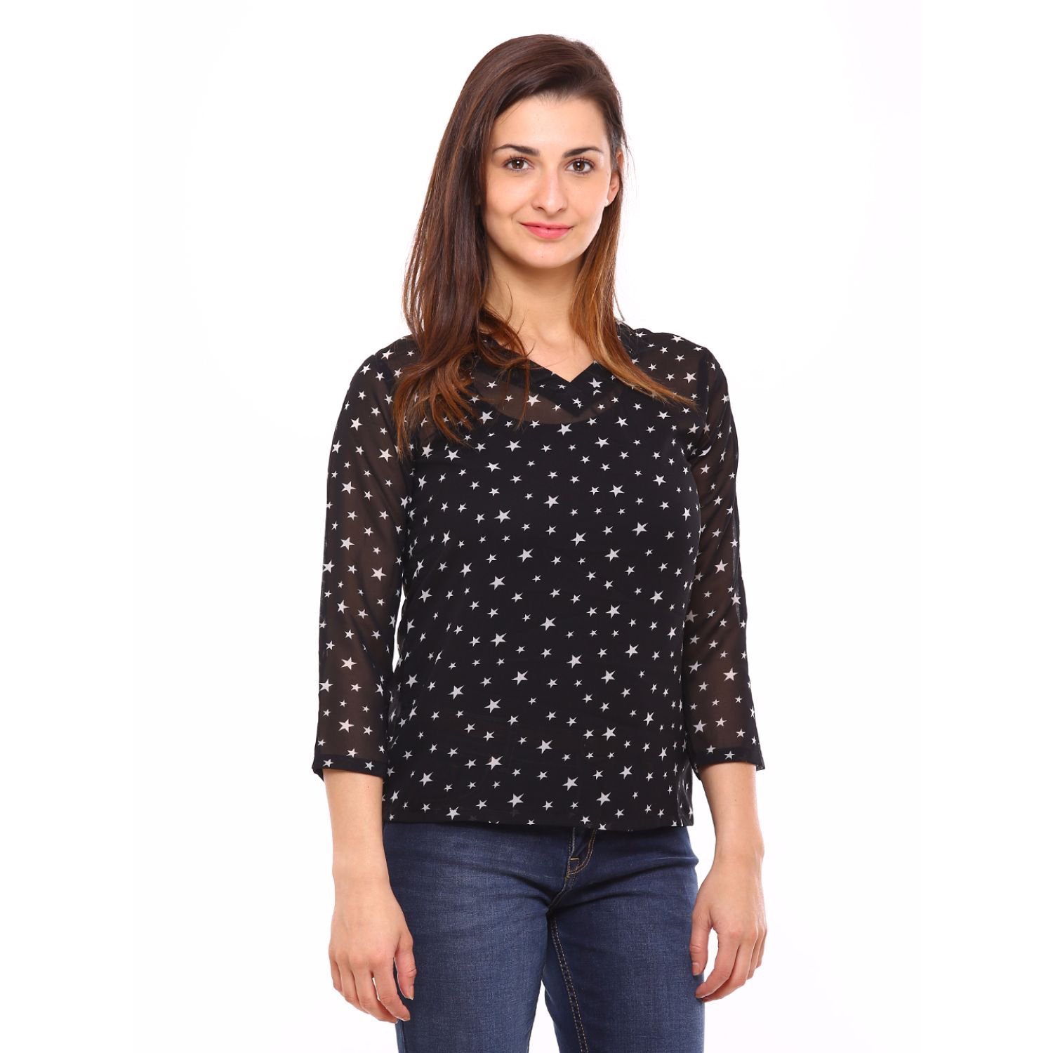 vvoguish printed polyester black top-vvtop684blkprnt