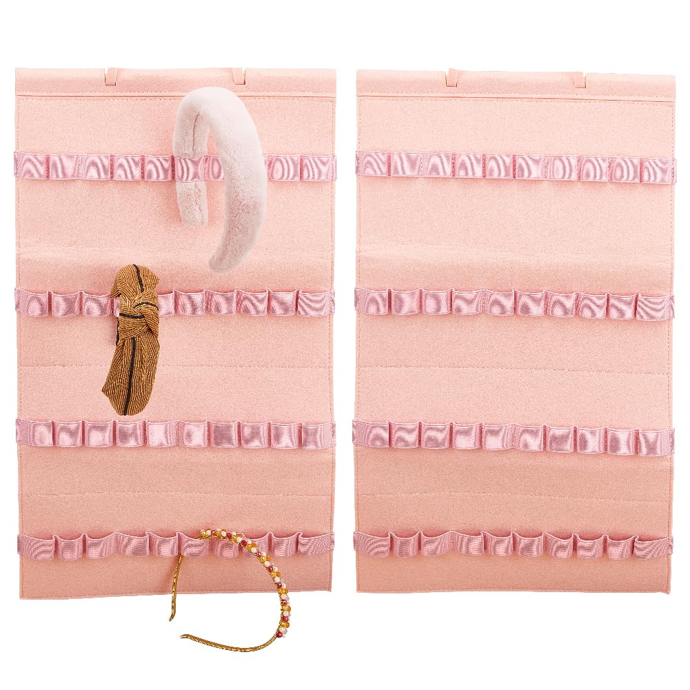 DELORIGIN Felt Hanging Headband Holder with 40 Elastic Bands Bow Hanger Pink Wall Headbands Display Organizer Ribbon Hair Hoops Storage Hairbands Hair Accessory Holder for Home Women Hair Bows