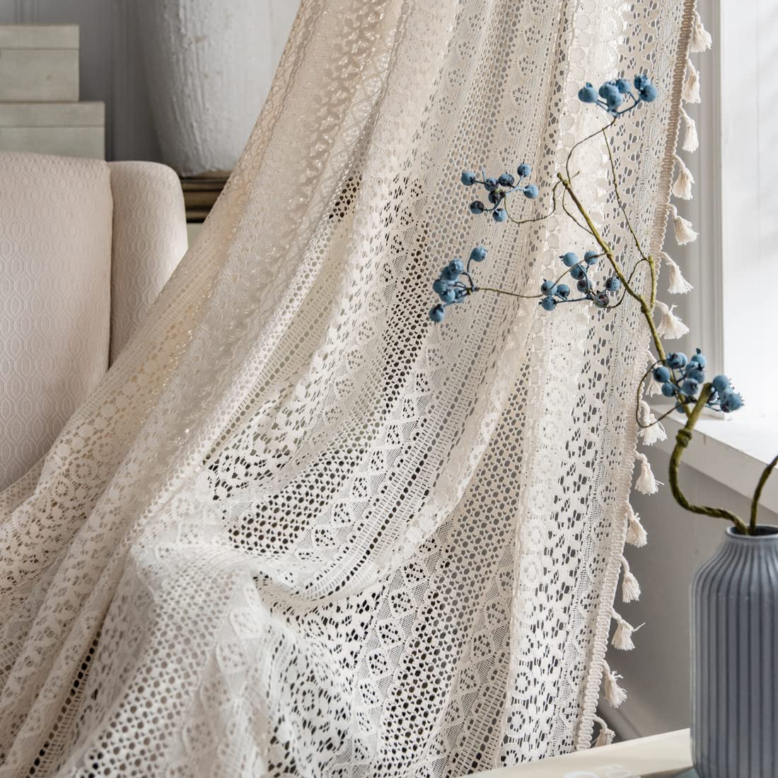 2 Panels Boho Sheer Curtains Rustic Handmade Crochet Vintage Tassel Windows Curtain Hollow Knitted Lace Rod Pocket Curtain Panels for Bedroom Living Room Home Decor,,Crochet Beige ,59 W x 63 L Inch