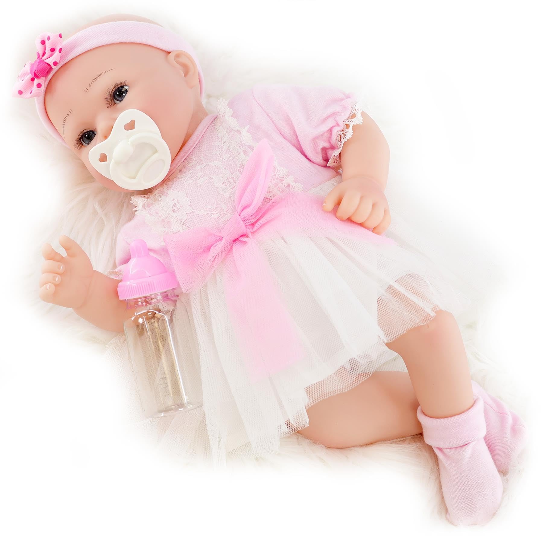 The Magic Toy Shop BiBi Doll Reborn Baby Girl Doll “Begonia” 42cm – Realistic Newborn with Dummy, Bottle & Birth Certificate – Soft Vinyl Limbs, Cloth Body & Removable Pink Outfit — image 1