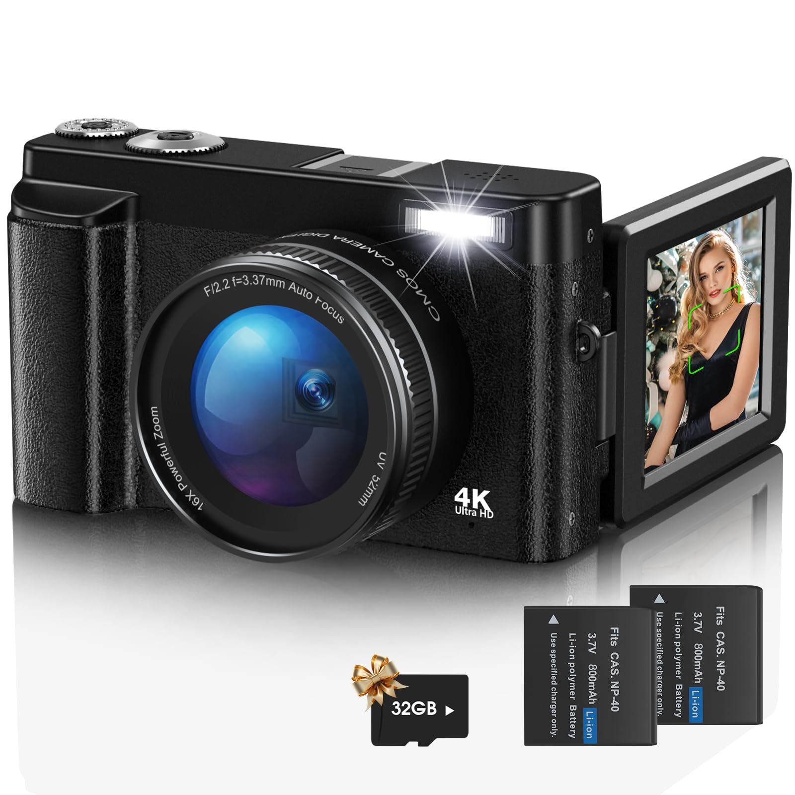 Digital Camera,4K UHD 48MP Autofocus Vlogging Camera for Youtube with 16X Digital Zoom,180° Flip screen Camera with 32G Card and UV lens,Compact Camera for Teenagers, Beginners,Adults Black
