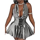 OYOANGLE Women's Metallic Cowl Neck Ruched Cami Halter Dress Party Backless Ruffle Short Dresses