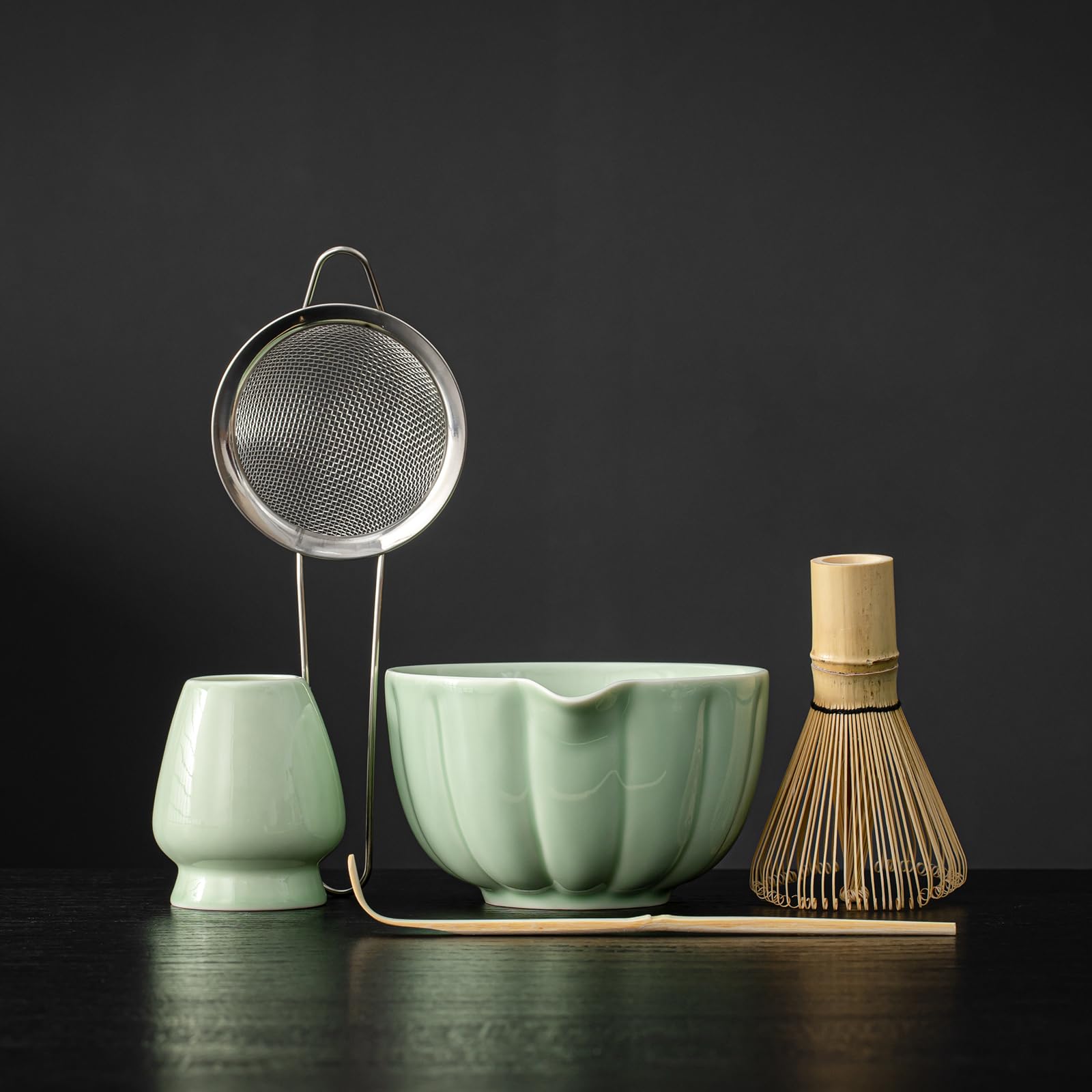 SFTXEY Matcha Whisk Set, Matcha Set Includes Ceramic Matcha Bowl, Bamboo Whisk, Scoop, Chasen Holder, Sifter - 5 Pcs Perfect Matcha Kit for Matcha Lover (Emerald Green)