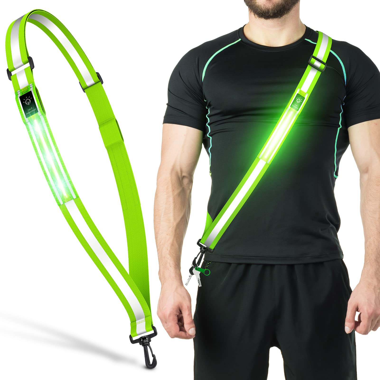Ylzzrs LED Reflective Belt Sash Walking Gear,Safety Lights for Walkers at Night,High Visibility Safety Rechargeable Reflective Running Gear for Men Women Night Dog Walking Gear (green)