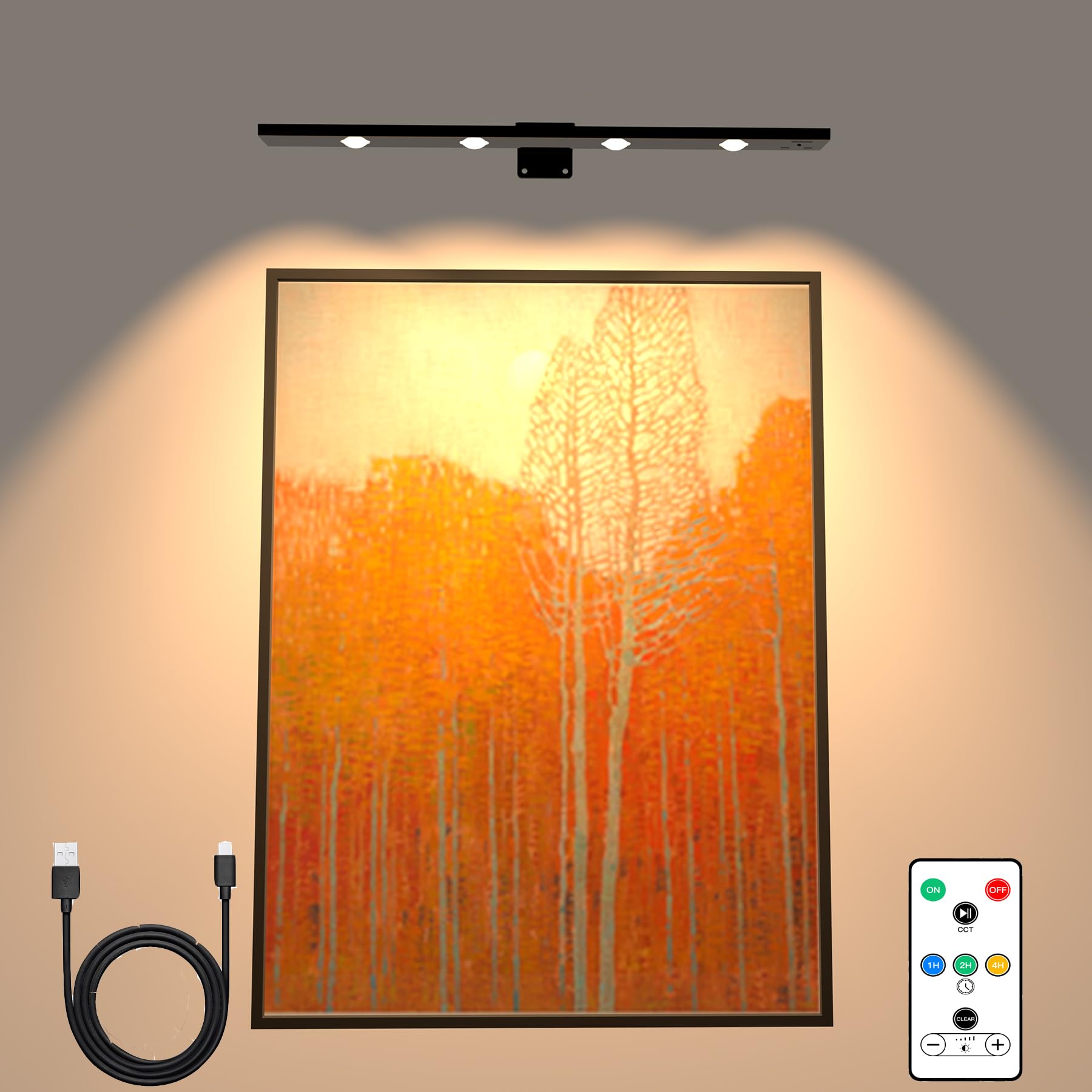 Photo 1 of TINTINDOC Battery Picture Light for Paintings,3 Lighting Art Light for Wall with Remote,Aluminum Display Art with Dimmable Timer Accent Spotlight for Pictures Paintings Frame Gallery Dart