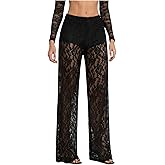 RoseSeek Women's Y2K Floral Lace See Through Pants Sheer Straight Leg Long Pants Club Wear
