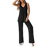 Ekouaer Women's 2 Piece Lounge Set 2026 Summer Matching Sets Sleeveless V-neck Tank Top Long Pants Pajamas Knit Outfits,Black,M