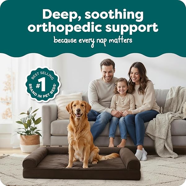 FURHAVEN ORTHOPEDIC DOG BED FOR LARGE DOGS W/ REMOVABLE BOLSTERS & WASHABLE COVER, FOR DOGS UP TO 95 LBS – PLUSH & SUEDE SOFA – ESPRESSO, JUMBO/XL