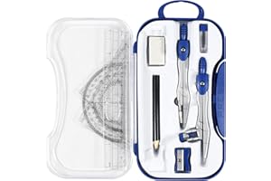 Vobou 10 Pieces Math Geometry Kit Set Student Supplies with Shatterproof Storage Box,Includes Rulers,Protractor,Compass,Eraser,Pencil Sharpener,Lead Refills,Pencil,for School and Drawings（Navy Blue）