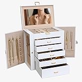 BOOVO Jewelry Box For women, 6 Layer Large Jewelry Organizer With Mirror, Multi-Function Storage Box With Lock, Necklace Holder With 5 Drawers, For Earrings Necklace Bracelet (White and Gold)
