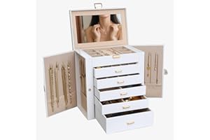 BOOVO Jewelry Box For women, 6 Layer Large Jewelry Organizer With Mirror, Multi-Function Storage Box With Lock, Necklace Holder With 5 Drawers, For Earrings Necklace Bracelet (White and Gold)