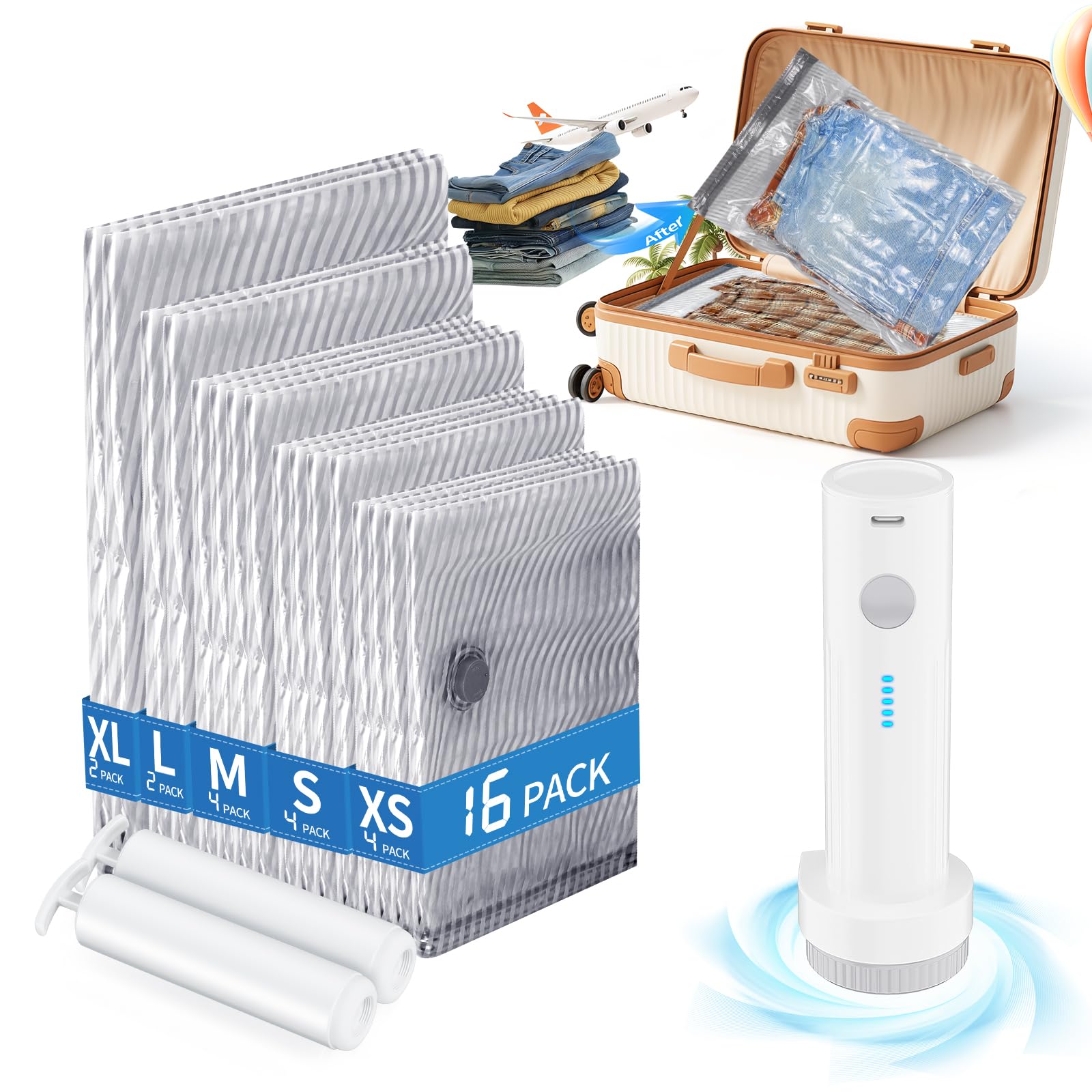 Photo 1 of 16 PCS Vacuum Seal Bags for Clothing with Electric Air Pump, Compression Space Saver, Vacuum Storage Bags for Luggage, Travel, Blankets, Pillows, Bedding and Moving, Hand Pump Included