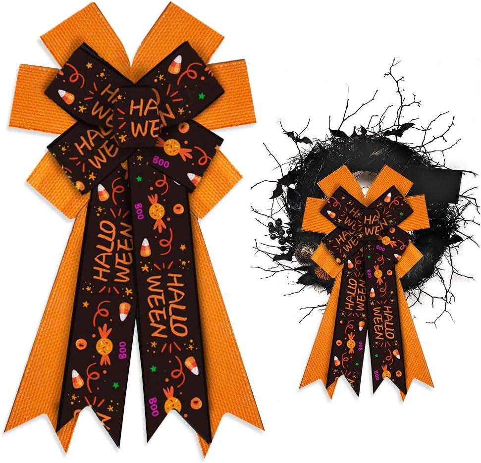 Bows & Ribbons - ALIBBON Large Halloween Bows for Wreaths, Halloween Wreath Bows, Black Orange Background Bows, Candy Bows for Front Door, Halloween Decor, Burlap Bows for Wreath Indoor Outdoor Wall Decorations