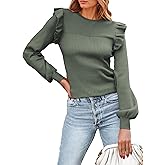 PRETTYGARDEN Women's Ruffle Long Sleeve Sweaters Crew Neck Lightweight Sweater 2026 Fall Trendy Ribbed Knit Pullover Tops