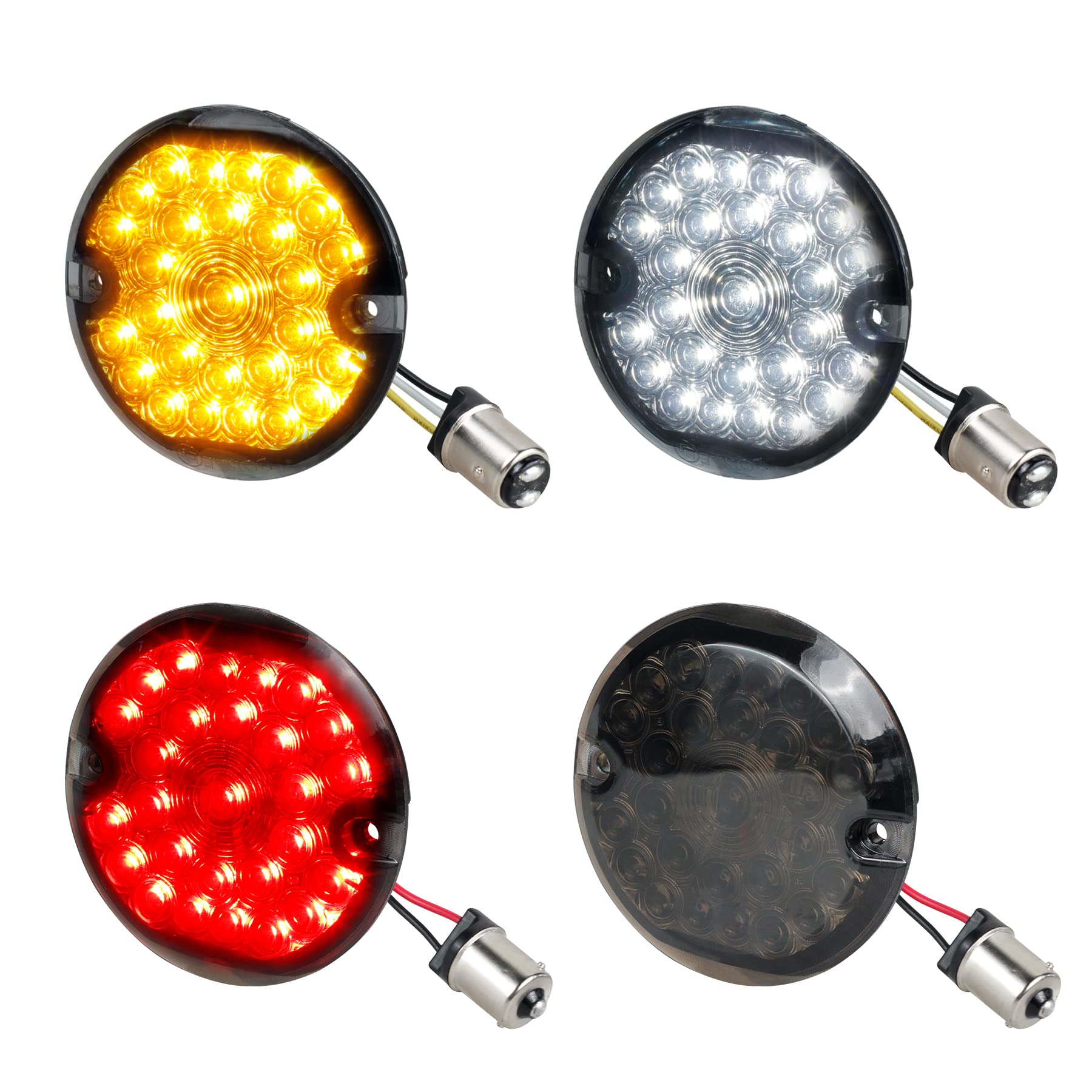 Photo 1 of NTHREEAUTO 3 1/4 inch LED 1157 Front Turn Signals + 1156 Rear Turn Signal Light Flat Smoked Lens Compatible with Harley Electra Glide Road King Softail Touring Road Glide