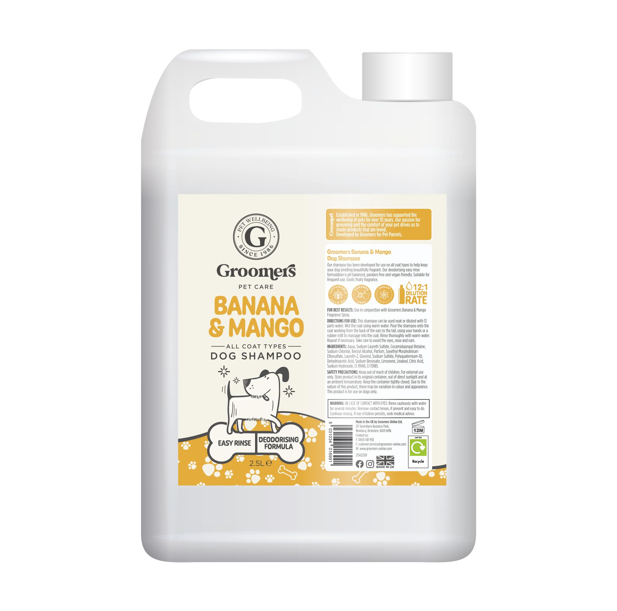 Groomers Professional Dog Shampoo Banana and Mango 2.5L - pH Balanced and Paraben-Free - Quick Wash & Easy Rinse - Gentle Formula Suitable For Any Coat Type - Vegan-Friendly - Made in the UK