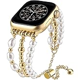QINGQING Pearl Beaded Bracelet Compatible for Apple Watch Band 38mm 40mm 41mm 42mm 44mm 45mm 49mm Dressy Gold Chain Wristband Adjustable for iWatch Bands Series 11/10/9/8/7/6/5/4/3/2/1/SE/Ultra Women