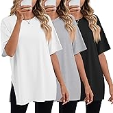 Huukeay 3 Pack Women's Oversized Gym T Shirts Short Sleeve Side Split Crewneck Tops Casual Summer Workout Baggy Basic Tee
