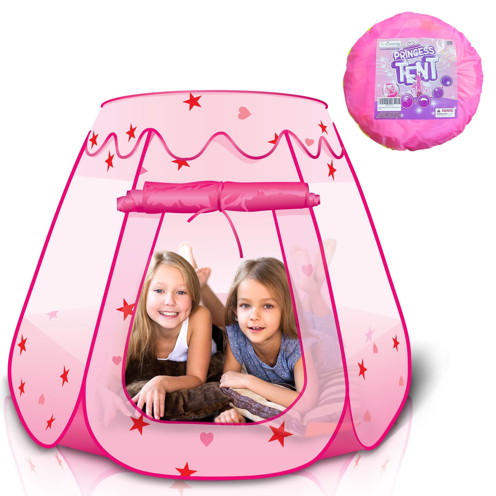 ArtCreativity Pop Up Princess Tent, Kids Playhouse Tent with a Carry Bag, Foldable Pink Princess Ball Pit for Girls 1,2 3,4 Year Old Birthday, Indoor & Outdoor Play House for Kids