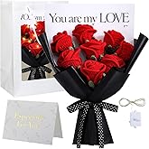 Glitinsel Red Crochet Rose Bouquet Gift Set, Handmade Knitted Eternal Roses with Bag and Card, Galentine's Day & Valentine's Day Gift for Her, Anniversary Birthday Wedding(8 Pcs)