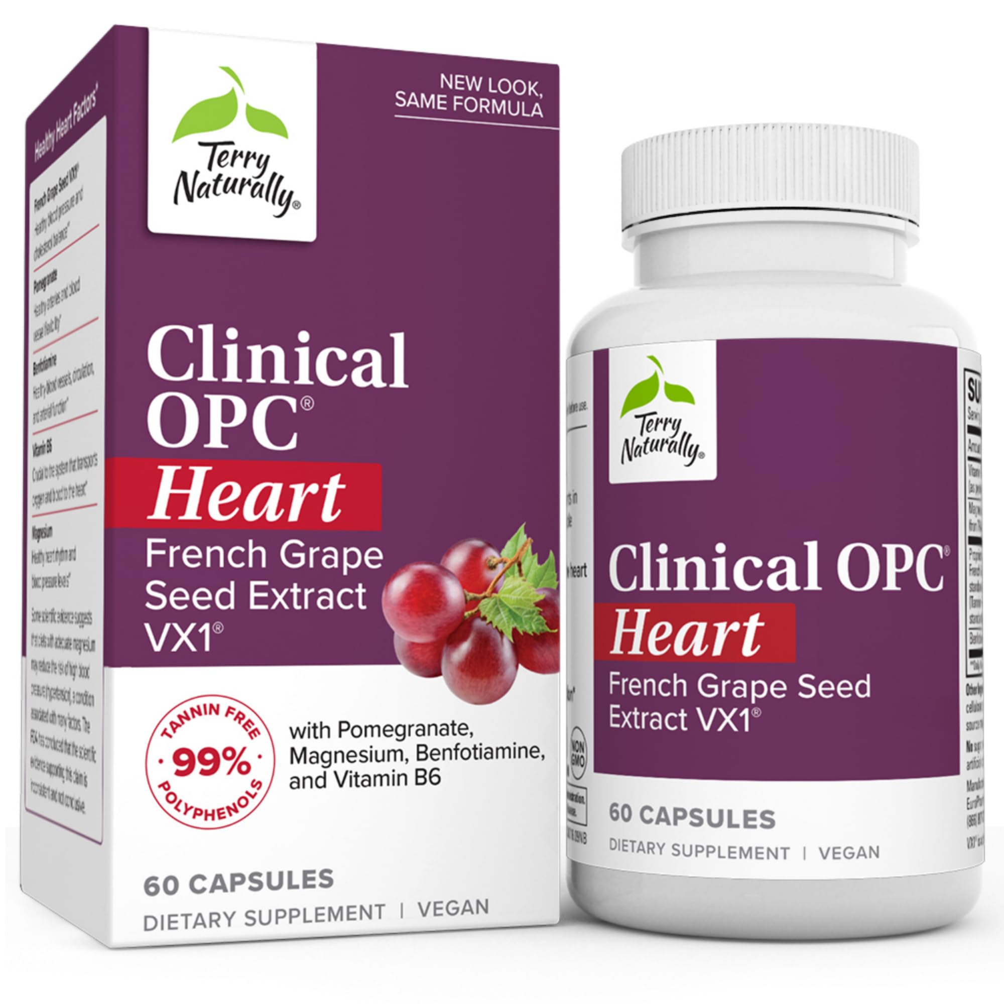 Terry Naturally Clinical OPC Heart - Heart Health Supplement with Magnesium, Vitamin B6, Grape Seed Extract - Dietary Supplement for Artery Health & Circulation - 60 Capsules