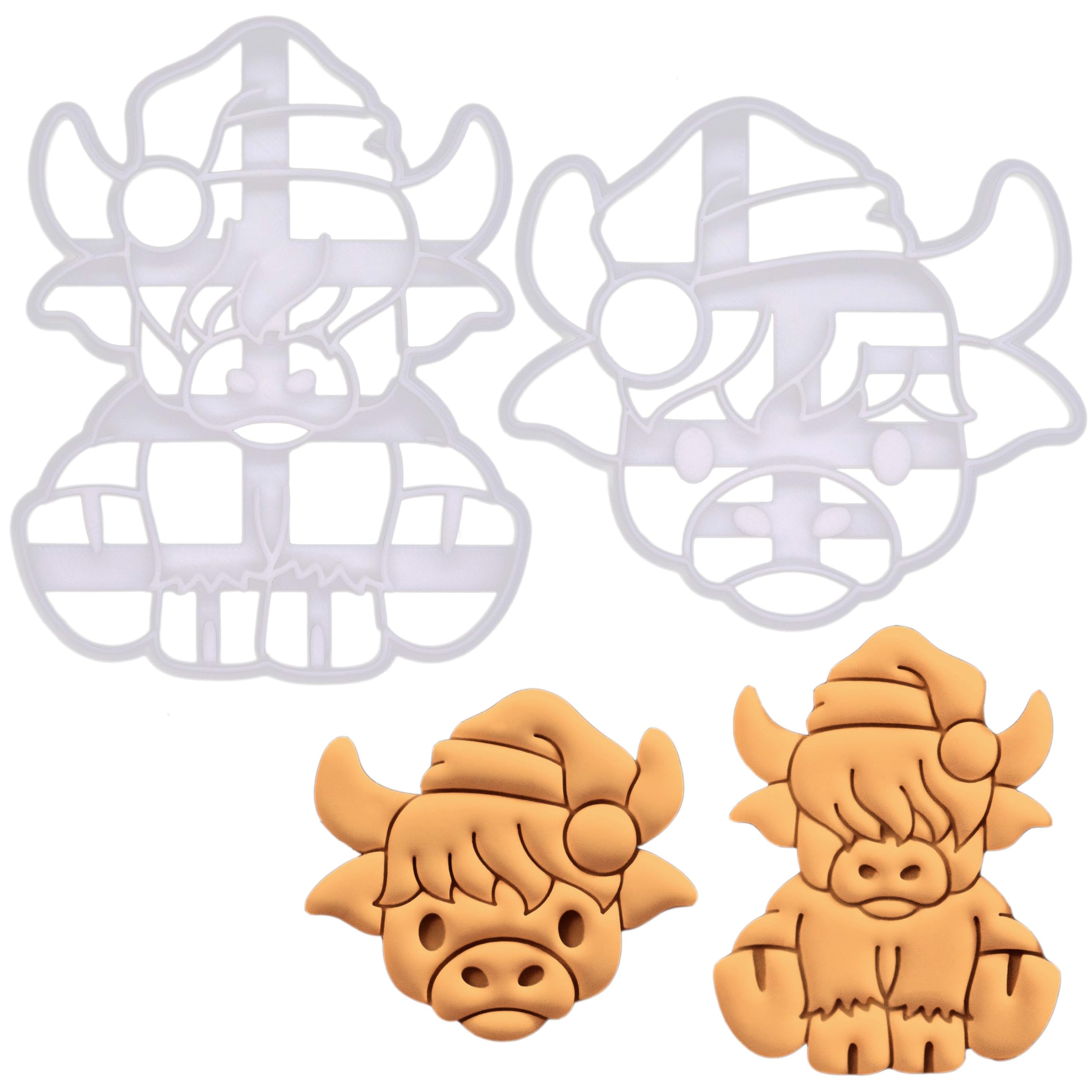 BAKERLOGY Set of 2 Xmas Highland Cow Cookie Cutters - Detailed Biscuit Cutter Design for Baking and Crafts, Ideal on Fondant, Dough, Clay