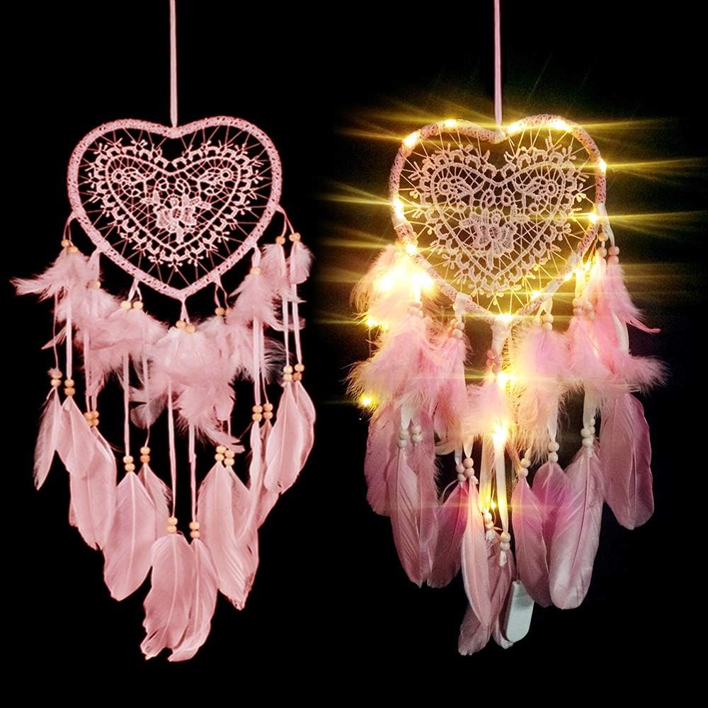 SSAWcasa Dream Catcher for Kids,Dreamcatcher with Led Lights,Girls Bedroom Wall Decor,Colorful Wall Hanging Decorations for Baby Room Birthday Wedding Party Supplies Car Ornament Gift (Heart)