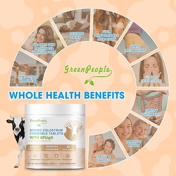 GREENPEOPLE BOVINE COLOSTRUM TABLETS CHEWABLE, 40% IGG | COLOSTRUM SUPPLEMENT FOR IMMUNE SUPPORT, GUT HEALTH | 120 COUNT