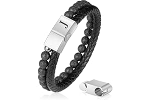 FOCOOG Leather Bracelets for Mens Gifts - Premium Genuine Leather Natural Lava Rock Adjustable Stainless Steel Magnetic Clasp Mens Initial Bracelet, Unique Gifts for Men Husband Dad Son