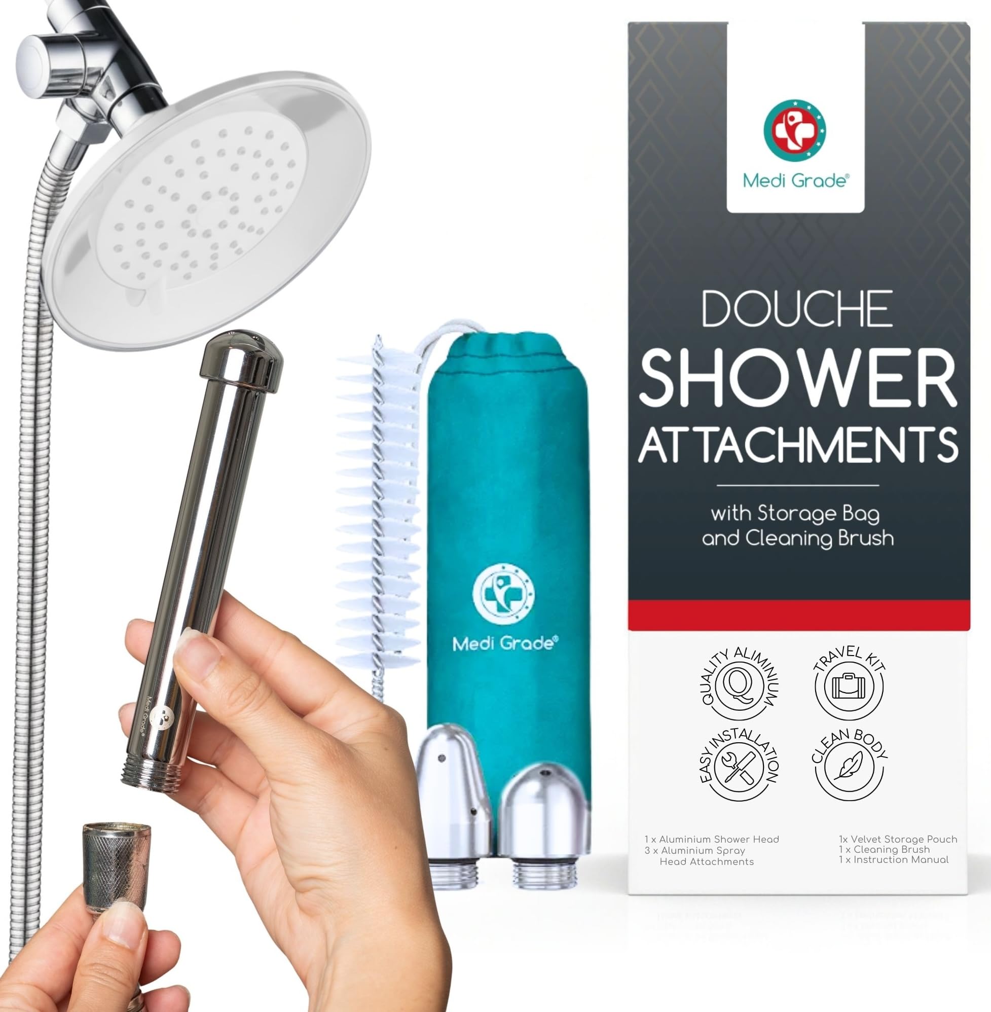 Medi Grade Shower Douche Kit for Men and Women - Comprehensive Aluminium Shower Enema Kit for Adults with 3 Shower Douche Nozzle Attachments, Cleaning Brush and Storage Bag - Anal Douche Shower Head
