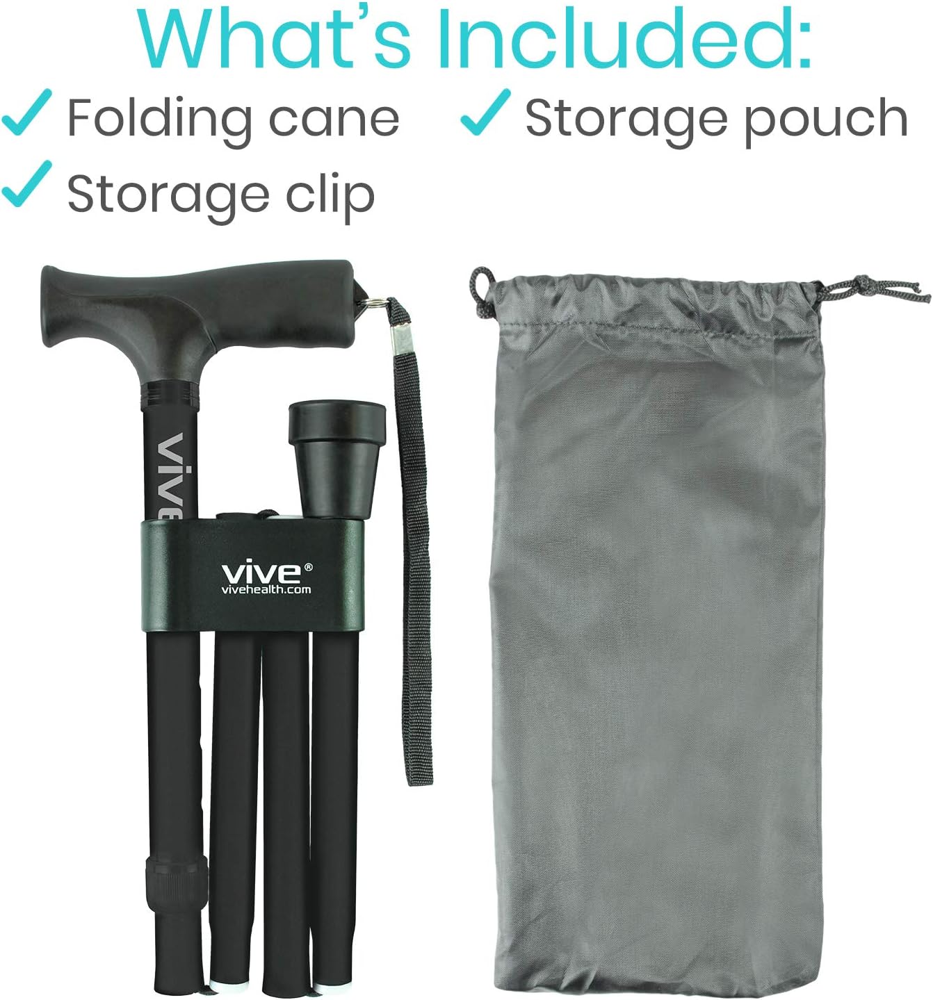 Vive Folding Cane - Foldable Walking Cane for Men, Women - Fold-up, Collapsible, Lightweight, Adjustable, Portable Hand Walking Stick - Balancing Mobility Aid - Sleek, Comfortable T Handles (Black): Health & Personal Care