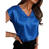 Zeagoo Women Silk Satin Tops Cap Short Sleeve Blouse Summer V Neck Shirts Business Casual Outfits