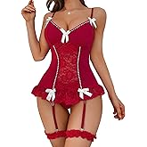 Genhoo Women's Lingerie Lace Corset Lingerie Set Mesh Mini Babydoll with Garter Belt
