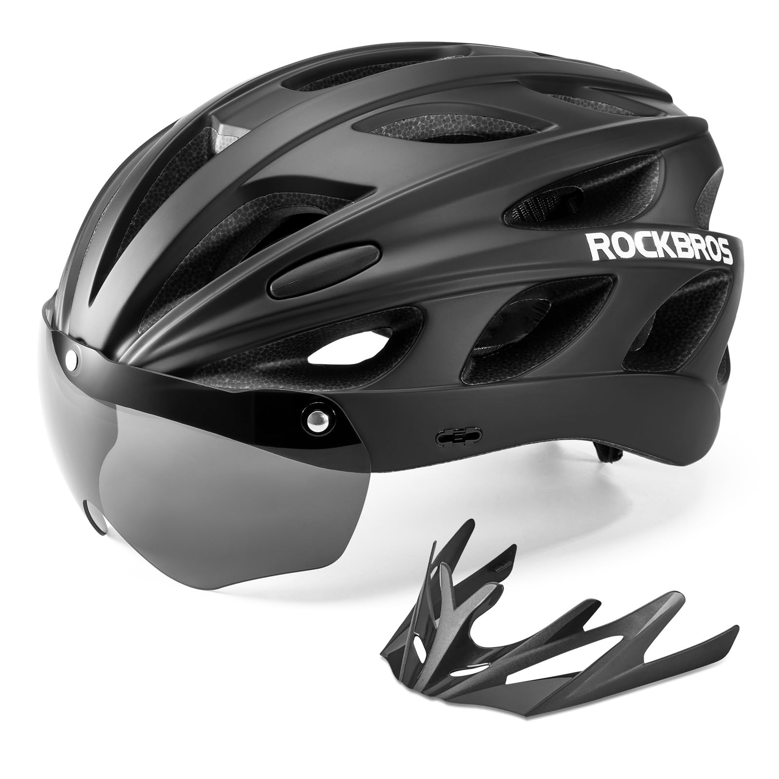 ROCKBROS Bike Helmet Adjustable Bicycle Helmet Lightweight with Detachable Magnetic Goggles Visor Adult MTB Road Bike Black L
