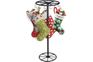 OugeWood Christmas Stocking Holder Stand, Free Standing Stocking Holder Stand for Floor with 8 Removable Hooks, Metal Stocking Hanger Rack with Stable Base, Round Stocking Stand for Christmas Decor