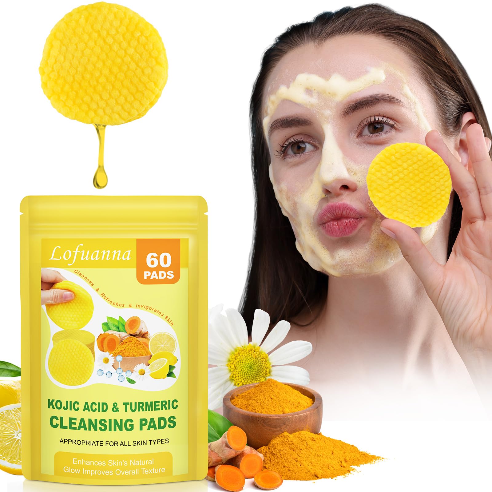 Kojic Acid And Turmeric Pads, Turmeric Kojic Acid Pads Infused Foaming Exfoliating Pads, Kojic Acid Cleansing Pads, Exfoliating, Unclog Pores, for Dark Spots- 60 Pads, All Skin Types