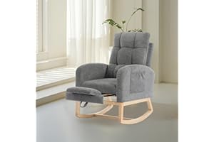 ROSEVERA Nursery Rocking Chair with Adjustable Footrest for Living Room - Teddy Fabric, Solid Wooden Legs, Comfortable Lounge Armchair with High Backrest and Side Pockets (Contemporary, Gray)
