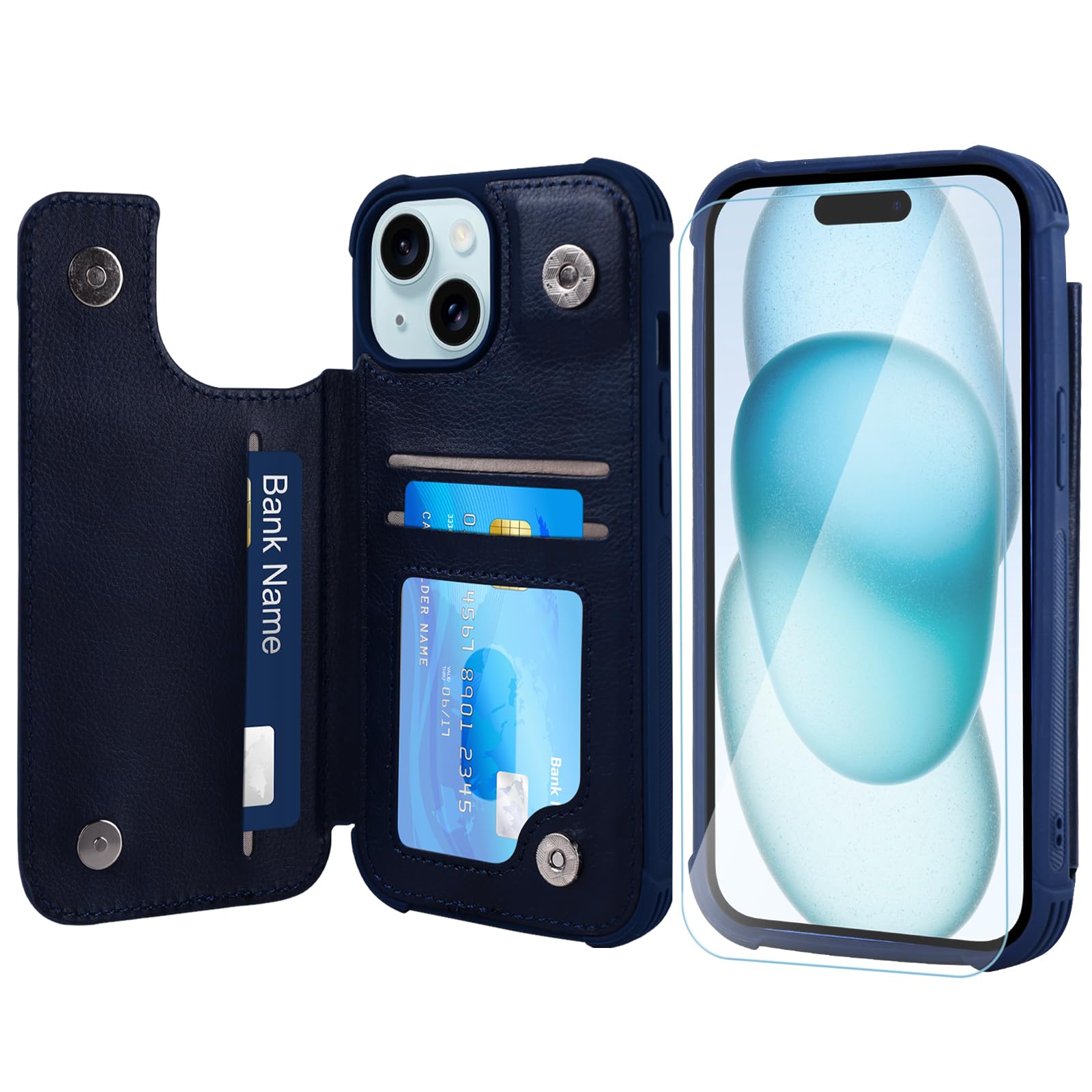 VANAVAGY Wallet Case Compatible for iPhone 15,Leather Flip Folio Shockproof Phone Cover Fit Magnetic Car Mount [Screen Protector Included] with Credit Card Holder for Apple 15, Navy blue
