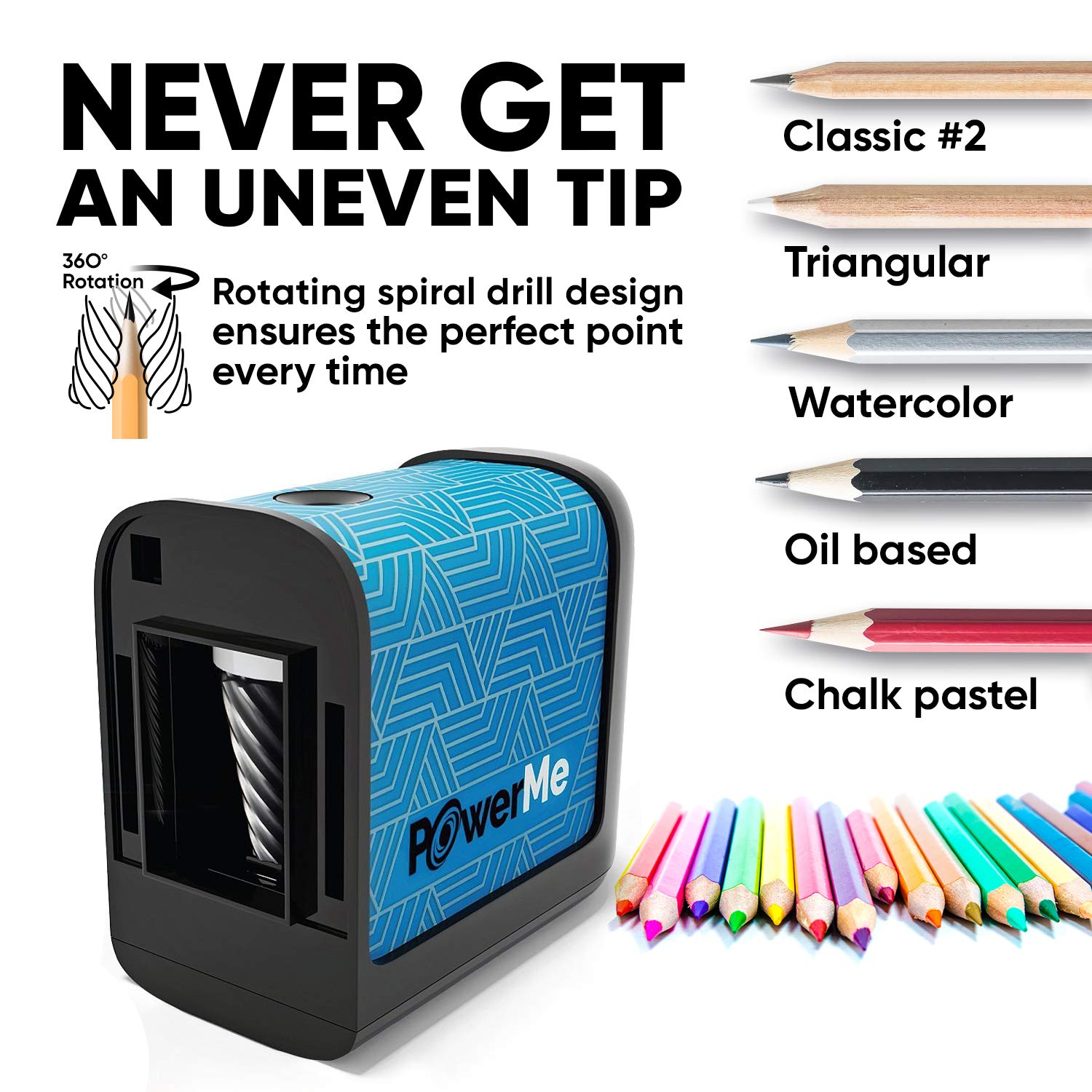 POWERME Battery-Operated Electric Pencil Sharpener for Kids, School, Home, Office - For No. 2 Pencils and Colored Pencils