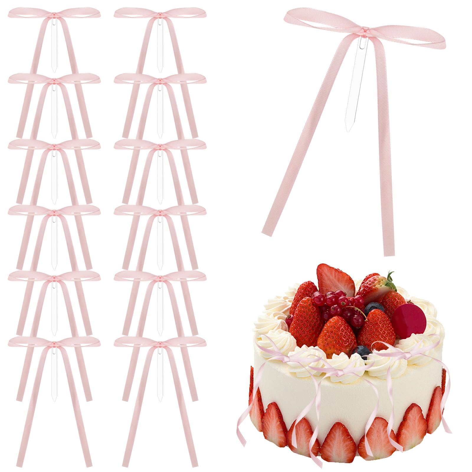 Photo 1 of 12Pcs Pink Bow Cake Topper Decor, Bows Birthday Decorations Supplies for Cake Suitable for Birthday Parties, Engagement & Wedding Ceremonies Graduation Banquets Baby Showers