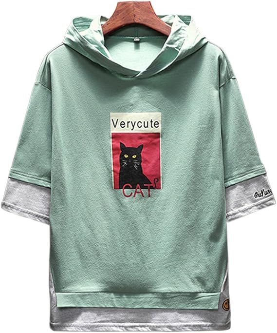 Amazon パーカー メンズ 夏 半袖 猫柄 シャツ 無地 カジュアル ファッション Tシャツ 日系 シンプル スウェット ゆったり Tシャツ 通勤 通学 原宿風 カーディガン 通販