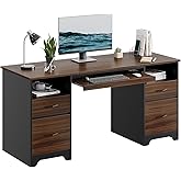 Bestier 59&rdquo; Computer Desk with 4 Drawers, Office Desk with Storage, Industrial Executive Desk with File Drawer, Keyboard Tray &amp; 2 Pedestals for Home Office &amp; Studio, Cherry
