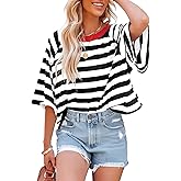 IWOLLENCE Women's Loose Casual Summer Striped Tops Crewneck 1/2 Short Sleeve Color Block Tee Oversized Cropped Shirts