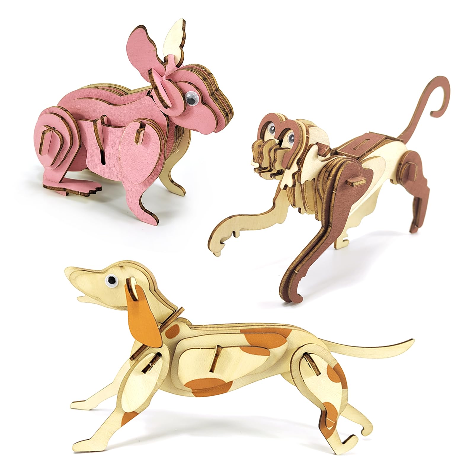 3d Wooden Puzzle, Dog Monkey Rabbit Puzzle Model Woodcraft Construction Kit for Kids Over 8 Years Old (3 Pack)