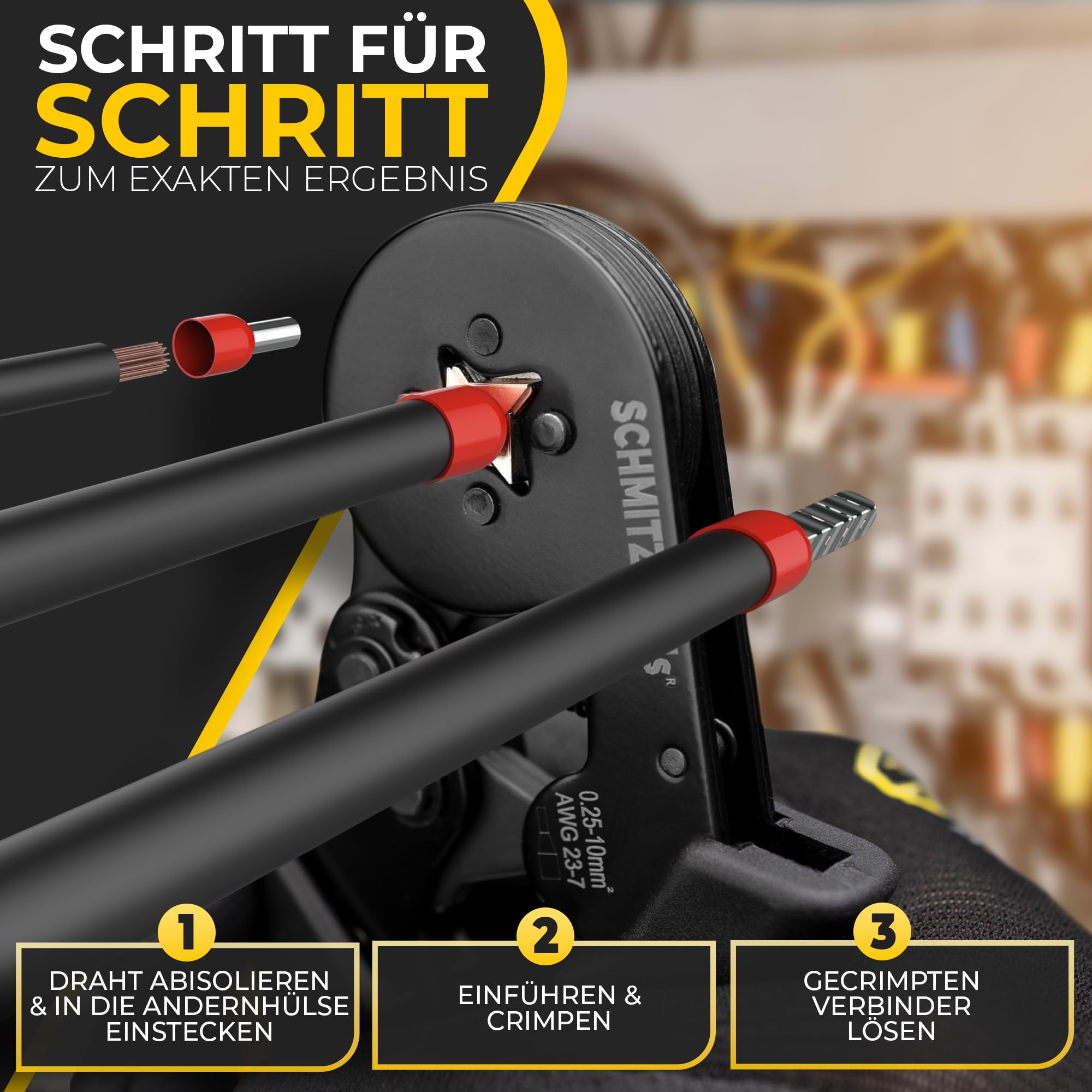 SCHMITZ.Tools Crimpzange mit 1.800 Aderendhülsen Set - Für saubere Crimps wie vom Fachmann - Selbsteinstellend [0,25–10mm²] - Geprüfte Zange, die du wirklich brauchst 5