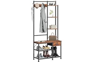 Furologee Coat Rack, Hall Tree with Bench and Shoe Storage, 4 in 1 Entryway Bench, Coat Rack with 3 Shelves and Drawer, Entryway Organizer with 5 Hooks for Hanging, Rustic Brown