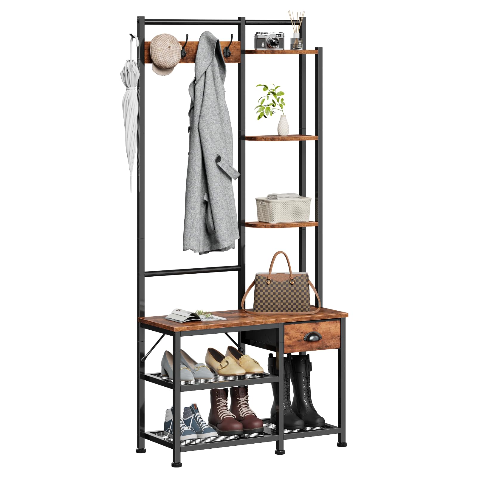 Photo 1 of Furologee Coat Rack, Hall Tree with Bench and Shoe Storage, 4 in 1 Entryway Bench, Coat Rack with 3 Shelves and Drawer, Entryway Organizer with 5 Hooks for Hanging, Rustic Brown